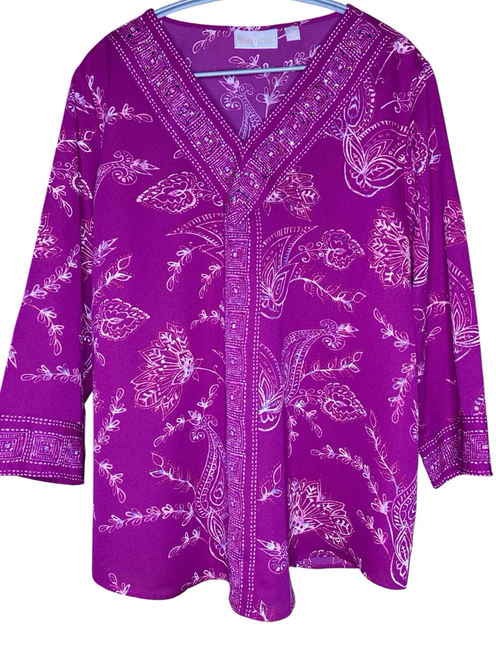 Belle by Kim Gravel | Magenta Embellished V-Neck Blouse L